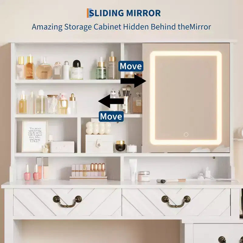 Coiffeuse avec miroir coulissant, lumières LED et station de recharge – Blanche avec tabouret