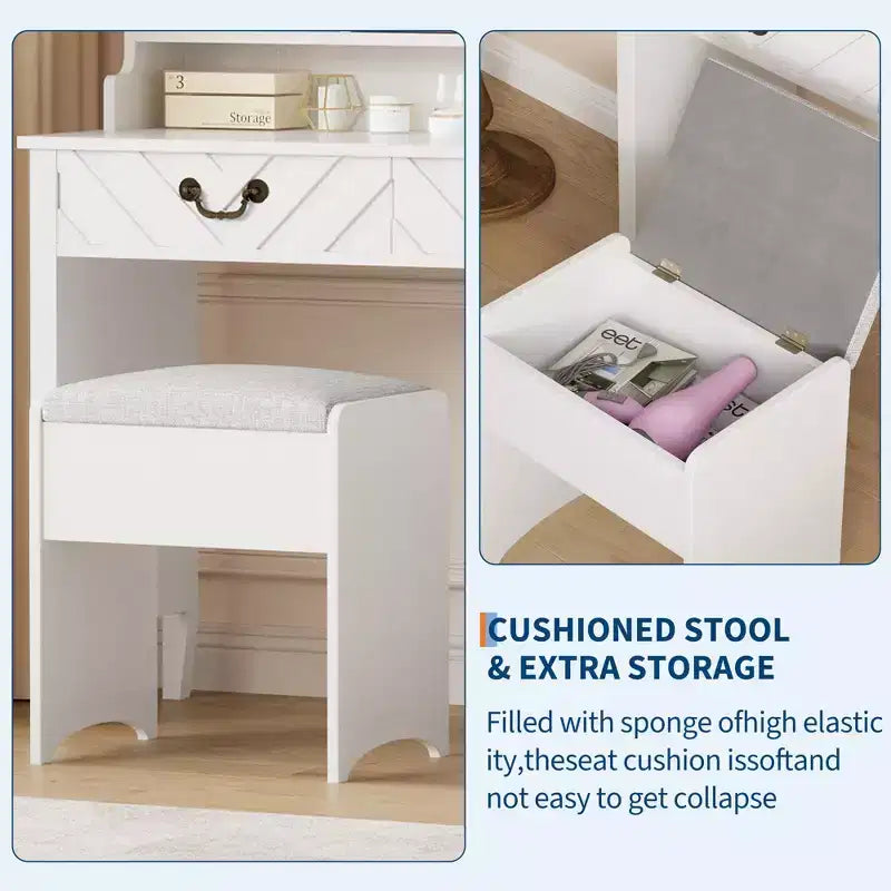 Coiffeuse avec miroir coulissant, lumières LED et station de recharge – Blanche avec tabouret