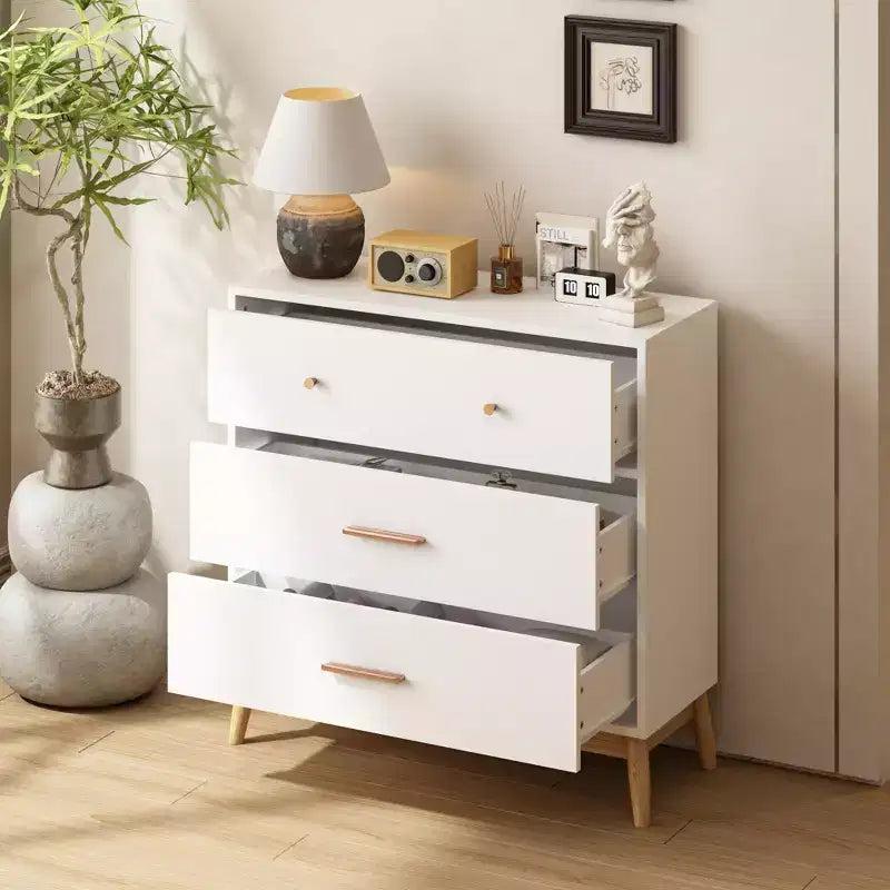 Meuble de rangement 3 tiroirs Nordic White – Poignées en or rose et base en bois massif