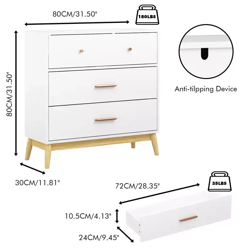 Meuble de rangement 3 tiroirs Nordic White – Poignées en or rose et base en bois massif