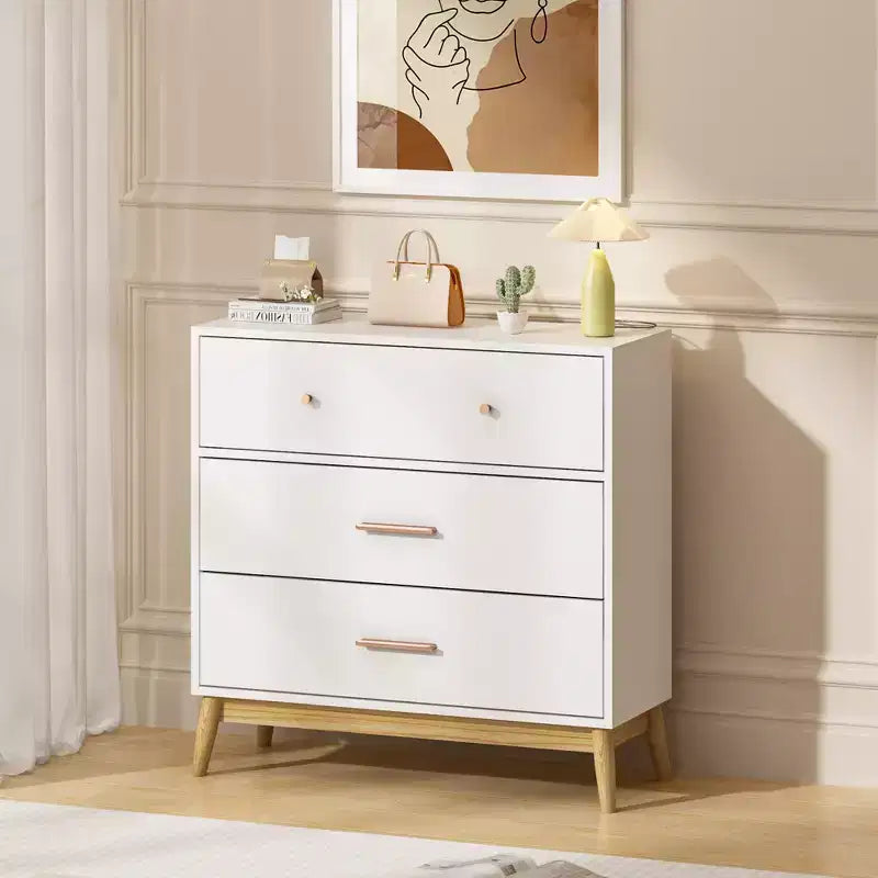 Meuble de rangement 3 tiroirs Nordic White – Poignées en or rose et base en bois massif