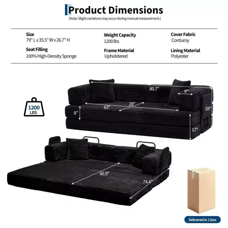 Canapé convertible 5-en-1 de 205 cm – Velours côtelé, 544 kg, Aucun assemblage requis