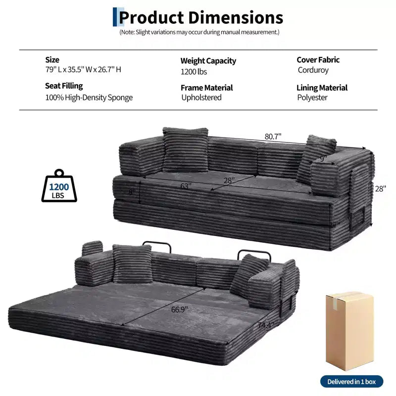 Canapé convertible 5-en-1 de 205 cm – Velours côtelé, 544 kg, Aucun assemblage requis