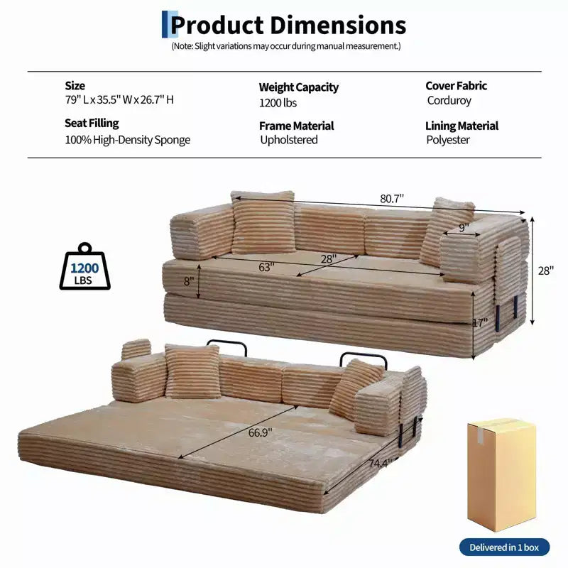 Canapé convertible 5-en-1 de 205 cm – Velours côtelé, 544 kg, Aucun assemblage requis