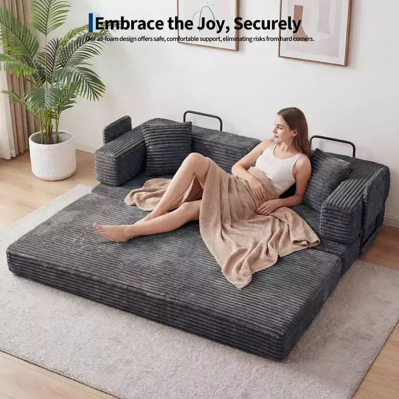Canapé convertible 5-en-1 de 205 cm – Velours côtelé, 544 kg, Aucun assemblage requis