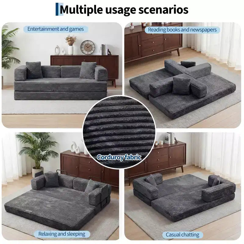 Canapé convertible 5-en-1 de 205 cm – Velours côtelé, 544 kg, Aucun assemblage requis