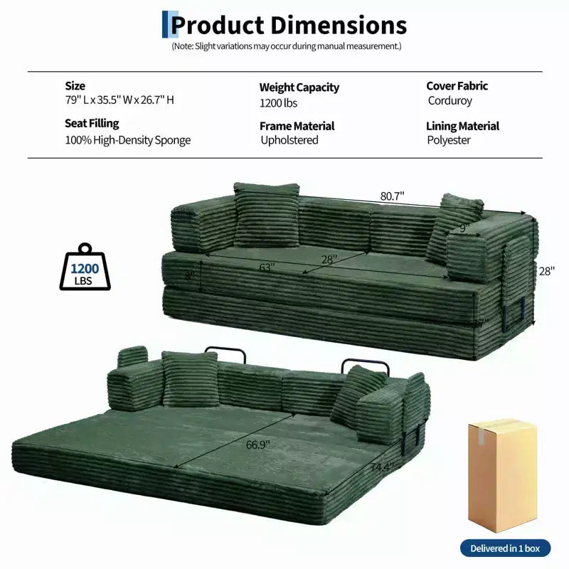 Canapé convertible 5-en-1 de 205 cm – Velours côtelé, 544 kg, Aucun assemblage requis