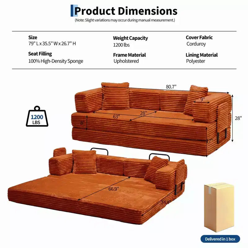 Canapé convertible 5-en-1 de 205 cm – Velours côtelé, 544 kg, Aucun assemblage requis