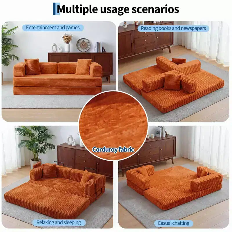 Canapé convertible 5-en-1 de 205 cm – Velours côtelé, 544 kg, Aucun assemblage requis