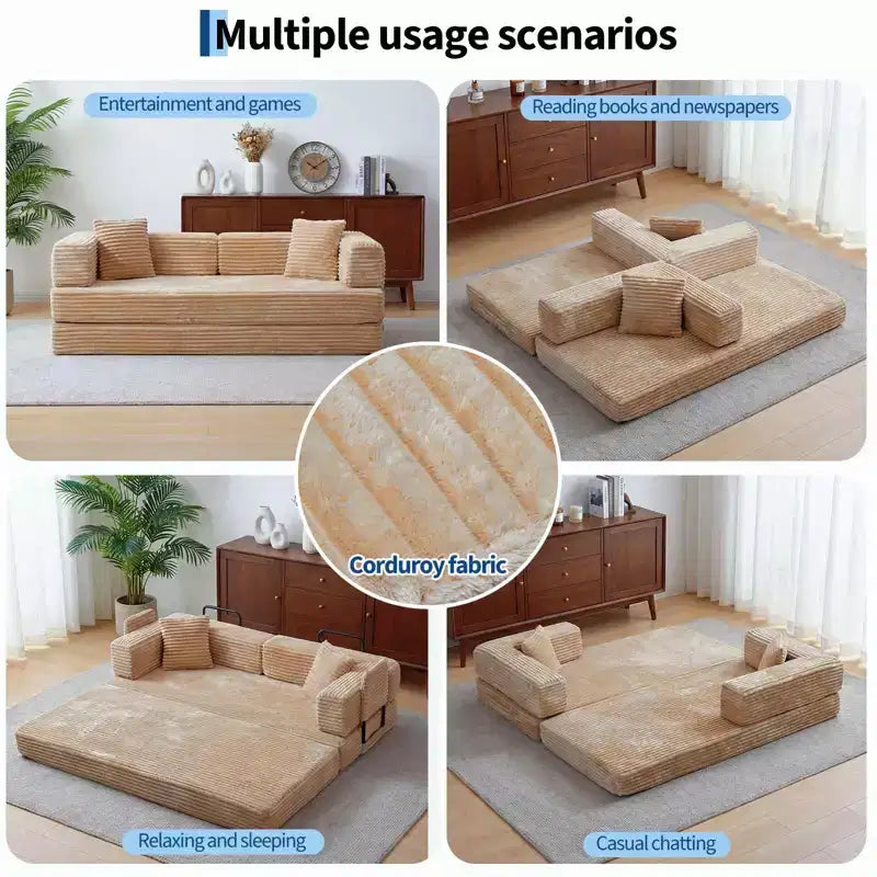 Canapé convertible 5-en-1 de 205 cm – Velours côtelé, 544 kg, Aucun assemblage requis