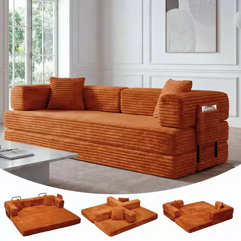 Canapé convertible 5-en-1 de 205 cm – Velours côtelé, 544 kg, Aucun assemblage requis