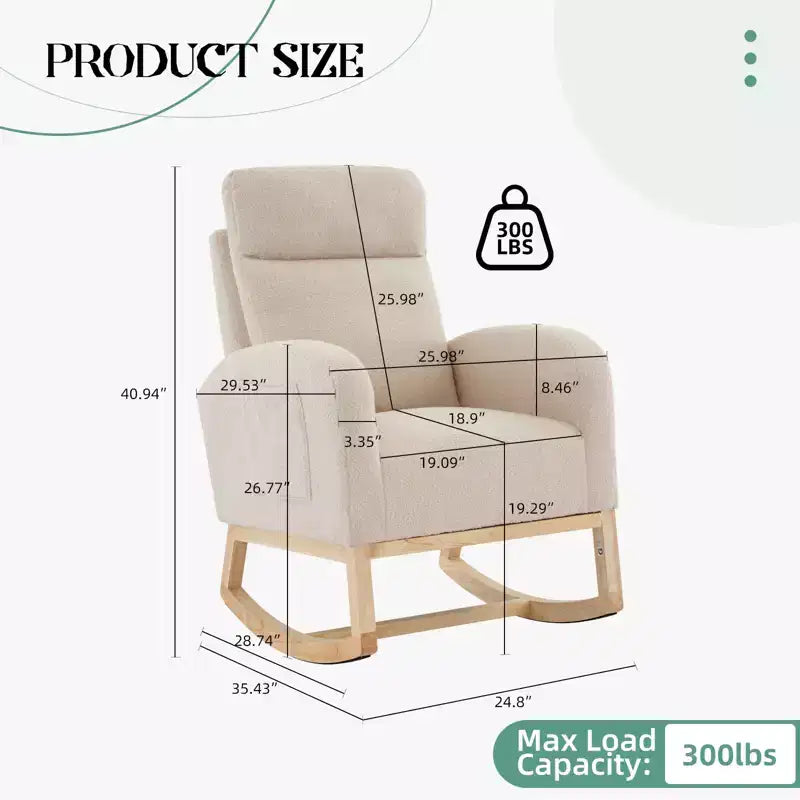 Fauteuil à bascule de puériculture – Tissu Teddy Rembourré, Dossier Haut et Poches Latérales