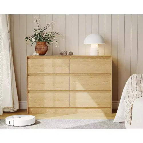 47 Wide Farmhouse 6-Drawer Dresser, Natural Oak Chest of Drawers with Handle-Less Design for Bedroom & Living Room
