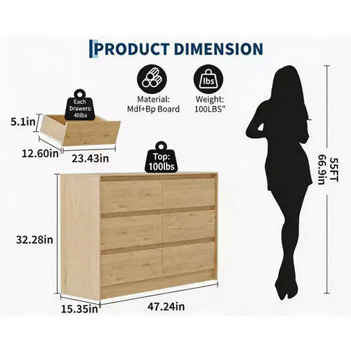 Commode de ferme à 6 tiroirs de 47 po de largeur – Chêne naturel, sans poignées