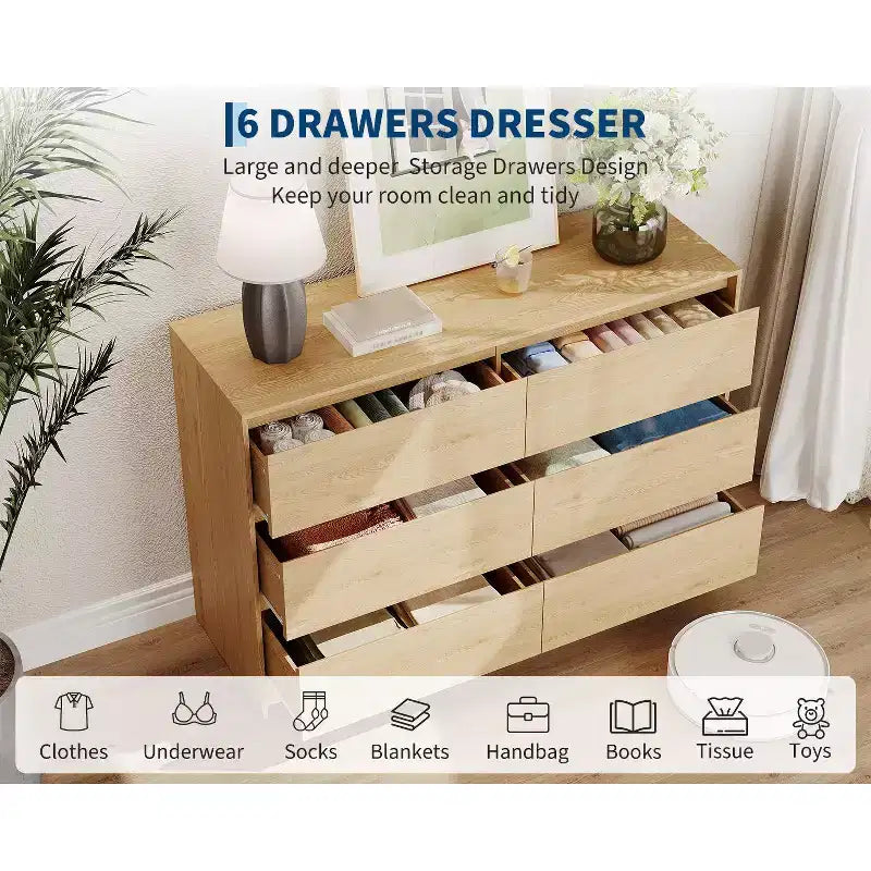 Commode de ferme à 6 tiroirs de 47 po de largeur – Chêne naturel, sans poignées