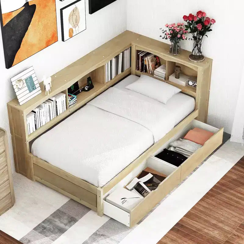 FAMYYT Twin Size Daybed with 2 Storage Drawers, Storage Cabinets and USB Ports, Easy Assembly, Natural Color