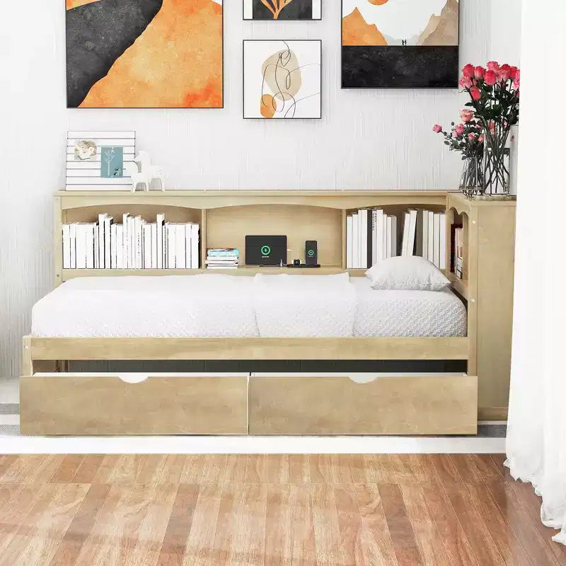 Lit de repos double – 2 tiroirs de rangement, 5 armoires et ports USB, Bois naturel