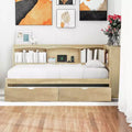 Lit de repos double – 2 tiroirs de rangement, 5 armoires et ports USB, Bois naturel
