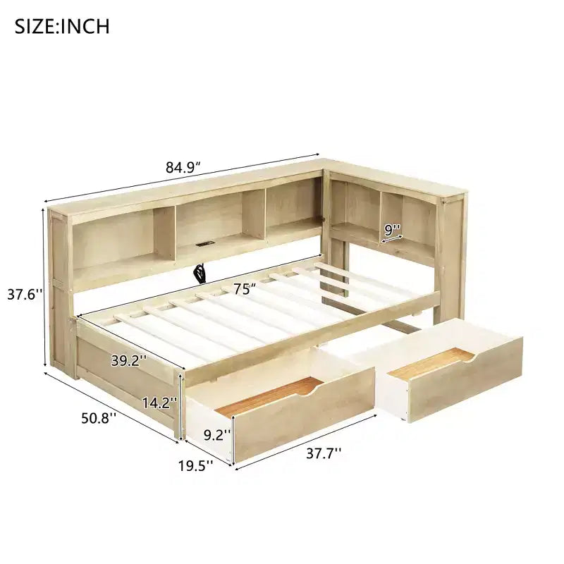 Lit de repos double – 2 tiroirs de rangement, 5 armoires et ports USB, Bois naturel