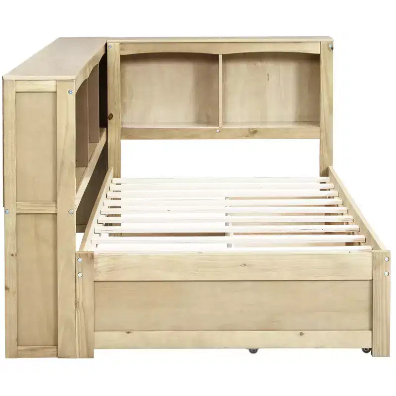 Lit de repos double – 2 tiroirs de rangement, 5 armoires et ports USB, Bois naturel