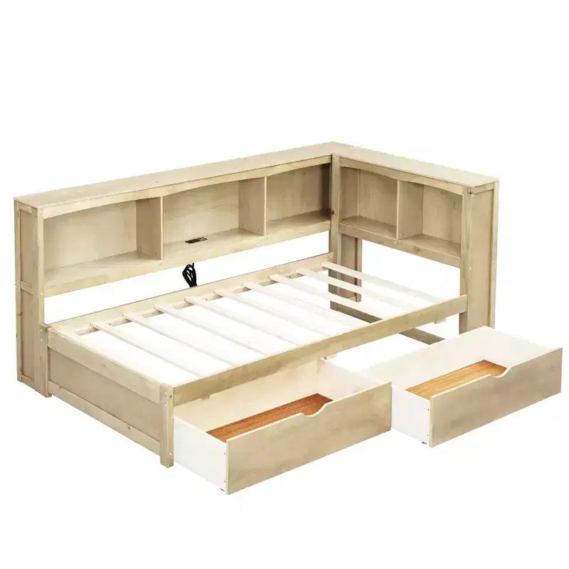 Lit de repos double – 2 tiroirs de rangement, 5 armoires et ports USB, Bois naturel