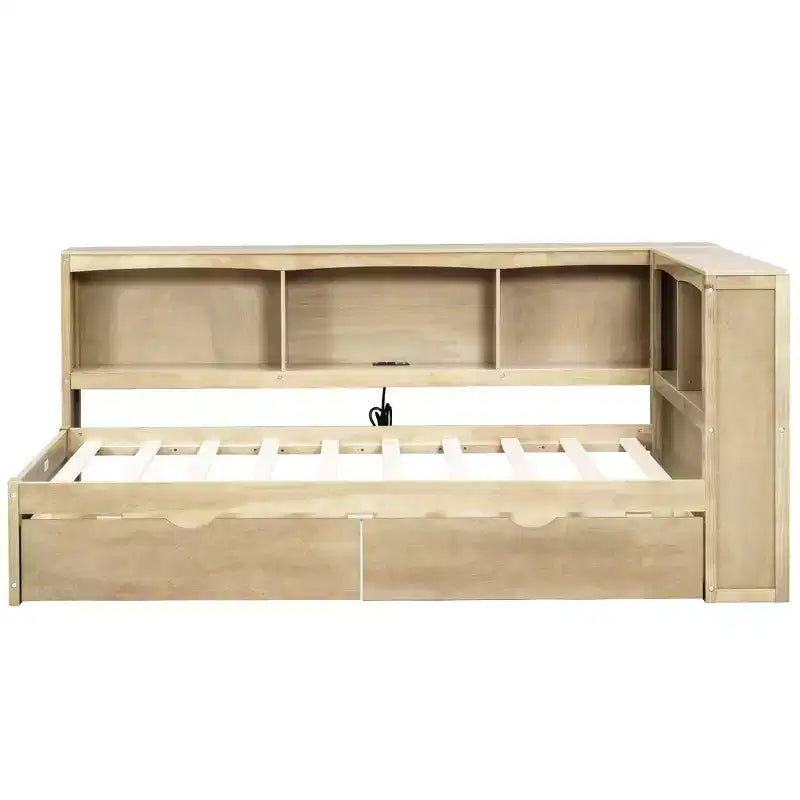 Lit de repos double – 2 tiroirs de rangement, 5 armoires et ports USB, Bois naturel