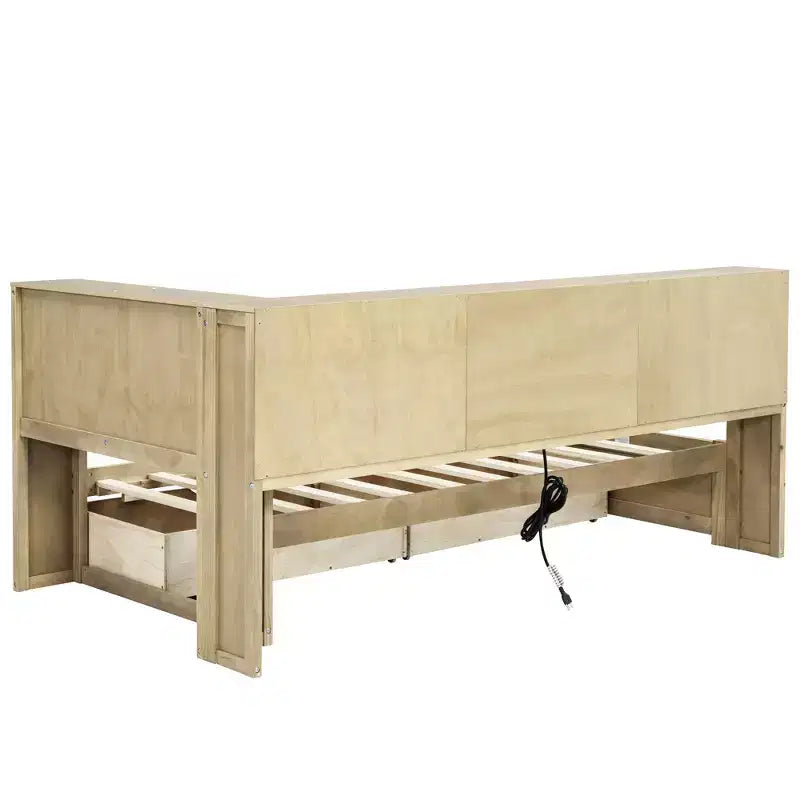 Lit de repos double – 2 tiroirs de rangement, 5 armoires et ports USB, Bois naturel