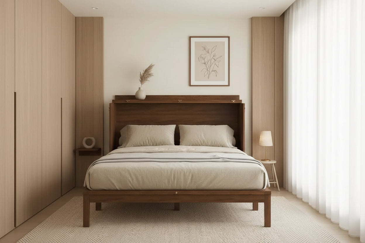 Sailvan Queen Size Murphy Bed, Pine Wood Cabinet Bed with Power Station & Rattan Decoration Panel