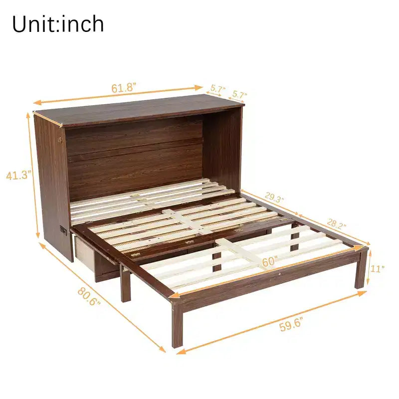 Lit escamotable Queen Size – Bois de pin, prise électrique et panneau décoratif en rotin