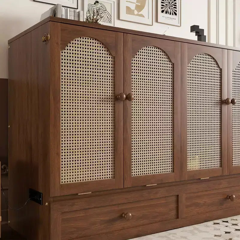 Lit escamotable Queen Size – Bois de pin, prise électrique et panneau décoratif en rotin
