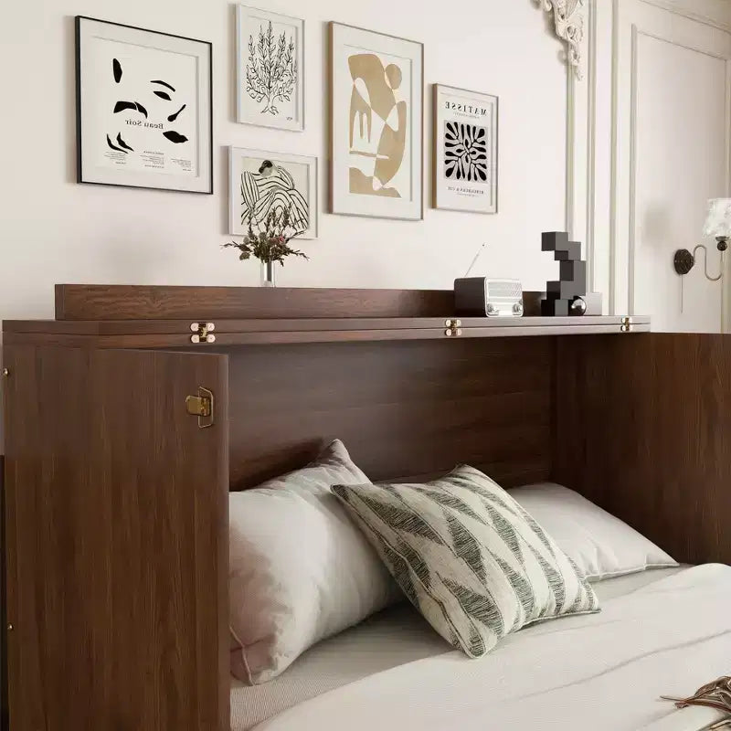 Lit escamotable Queen Size – Bois de pin, prise électrique et panneau décoratif en rotin
