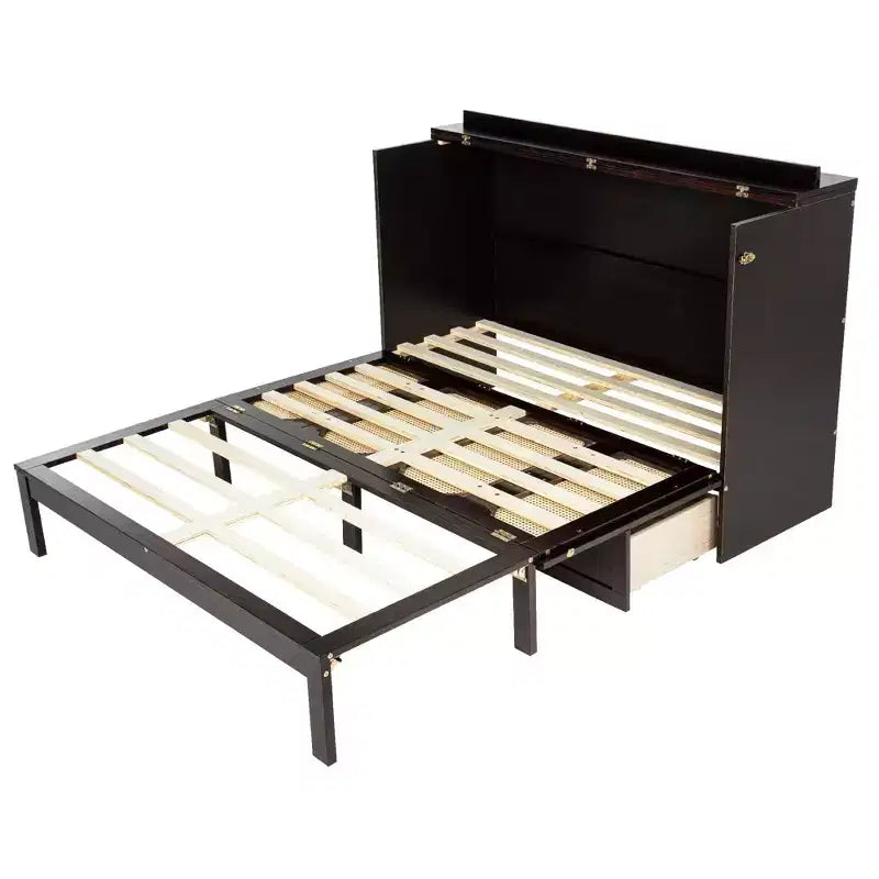 Lit escamotable Queen Size – Bois de pin, prise électrique et panneau décoratif en rotin