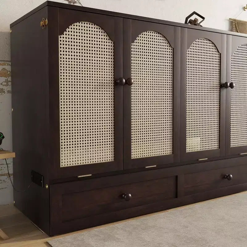 Lit escamotable Queen Size – Bois de pin, prise électrique et panneau décoratif en rotin