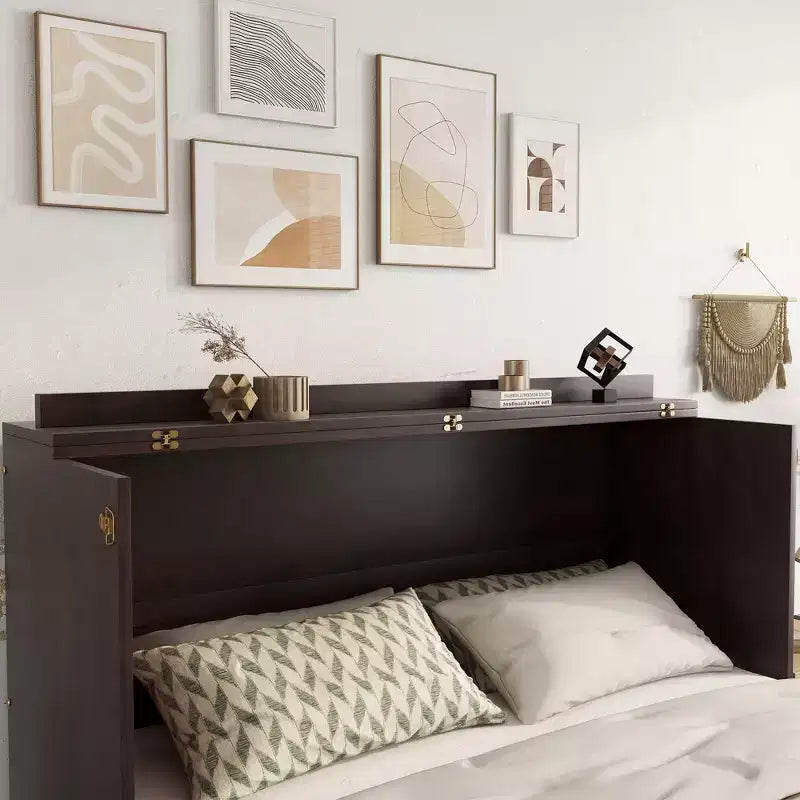 Lit escamotable Queen Size – Bois de pin, prise électrique et panneau décoratif en rotin