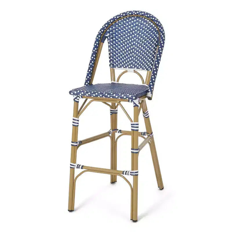 sumyeg 29.5 Outdoor French Bistro Bar Stools Set of 2, PE Rattan Wicker with Aluminum Frame, Bamboo Look Finish, Dark Teal & White