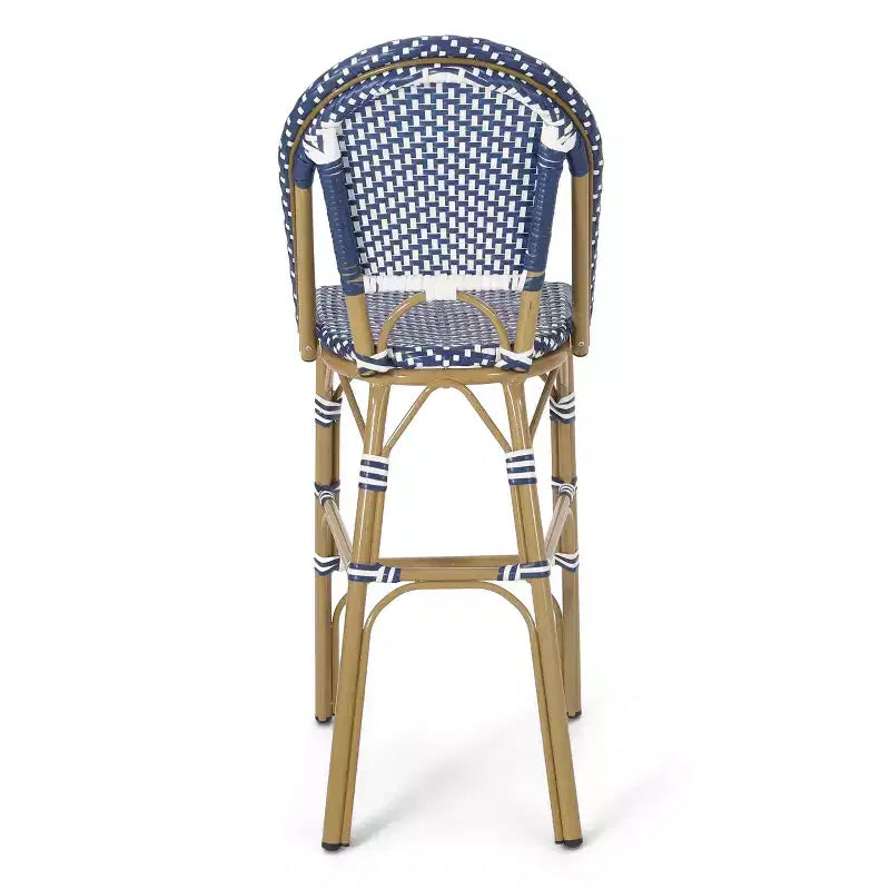sumyeg Lot de 2 tabourets de bar de bistrot français d'extérieur 75 cm, en rotin PE avec cadre en aluminium, finition aspect bambou, bleu sarcelle foncé et blanc