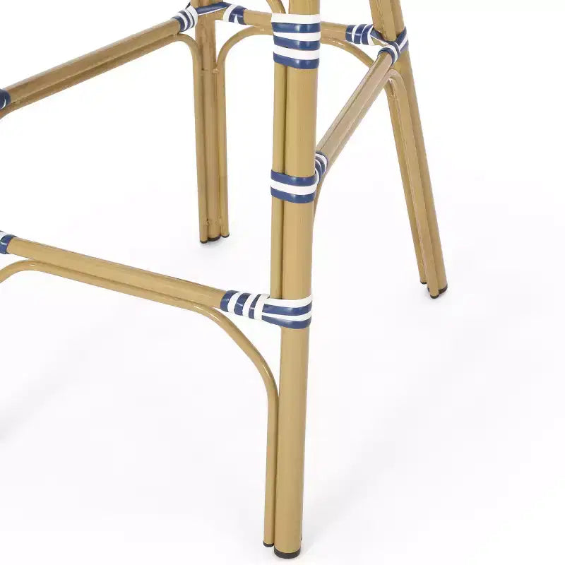 sumyeg Lot de 2 tabourets de bar de bistrot français d'extérieur 75 cm, en rotin PE avec cadre en aluminium, finition aspect bambou, bleu sarcelle foncé et blanc