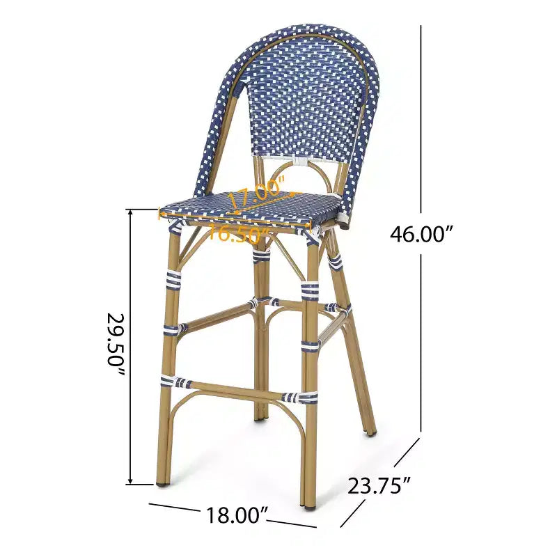 sumyeg Lot de 2 tabourets de bar de bistrot français d'extérieur 75 cm, en rotin PE avec cadre en aluminium, finition aspect bambou, bleu sarcelle foncé et blanc
