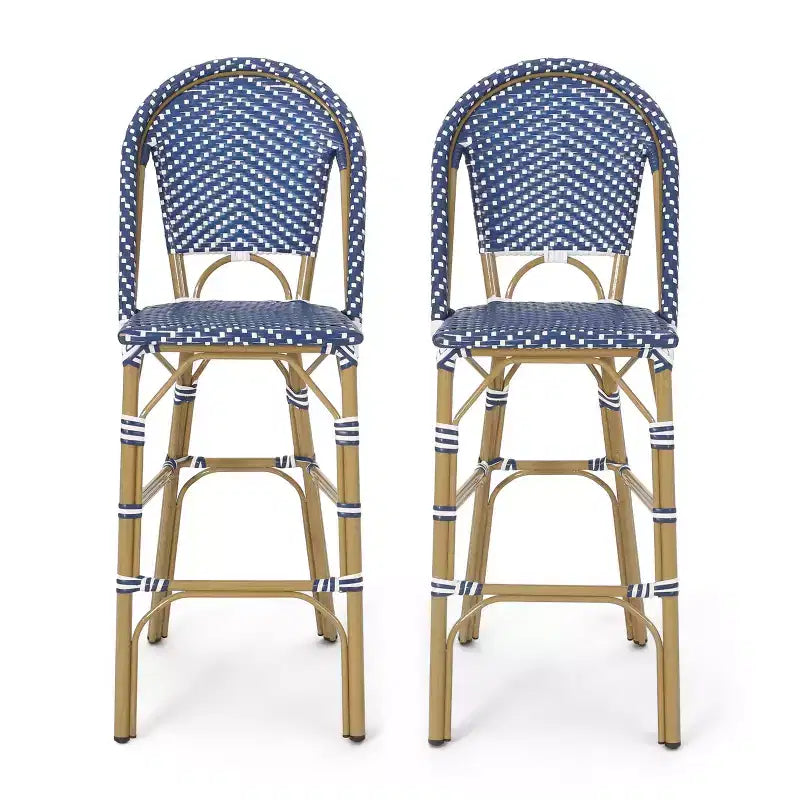 sumyeg Lot de 2 tabourets de bar de bistrot français d'extérieur 75 cm, en rotin PE avec cadre en aluminium, finition aspect bambou, bleu sarcelle foncé et blanc
