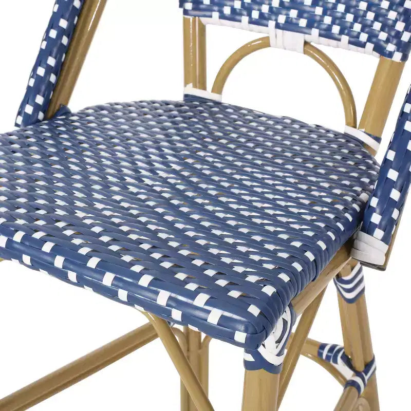 sumyeg Lot de 2 tabourets de bar de bistrot français d'extérieur 75 cm, en rotin PE avec cadre en aluminium, finition aspect bambou, bleu sarcelle foncé et blanc