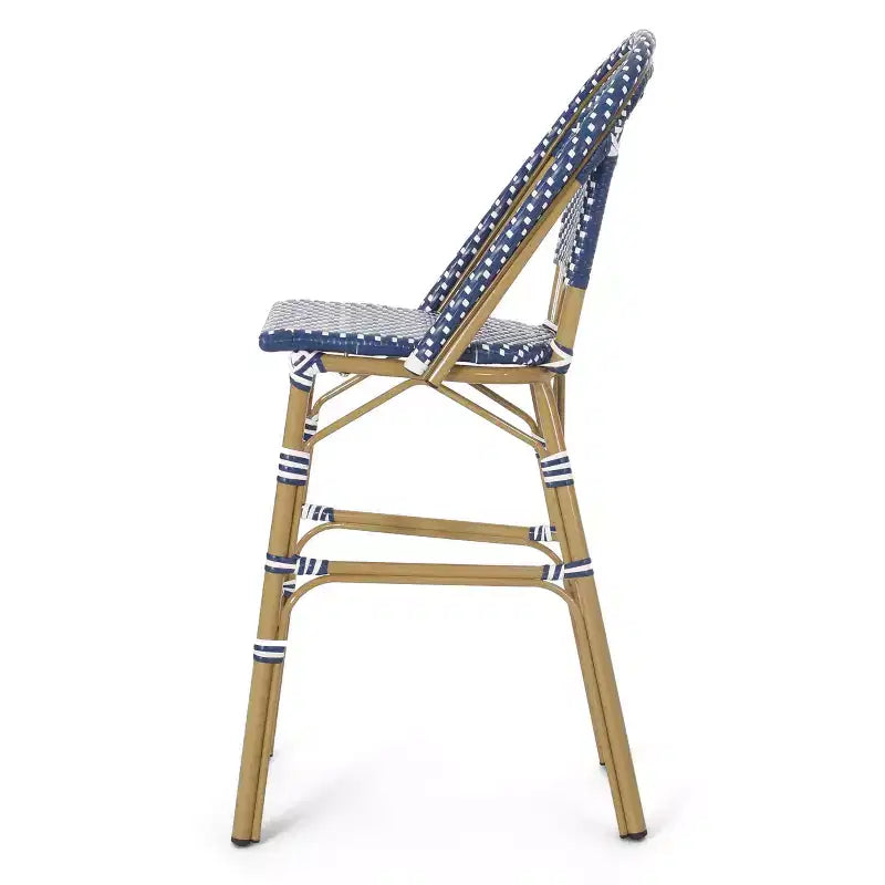 sumyeg Lot de 2 tabourets de bar de bistrot français d'extérieur 75 cm, en rotin PE avec cadre en aluminium, finition aspect bambou, bleu sarcelle foncé et blanc