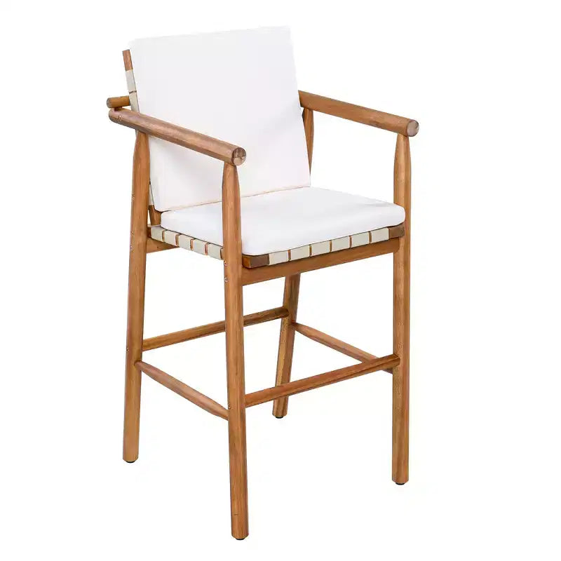 sumyeg Outdoor Counter Height Bar Stools Set of 2 with Cushions, Acacia Wood Patio Chairs with Backrest, Armrests and Woven Seat, Beige