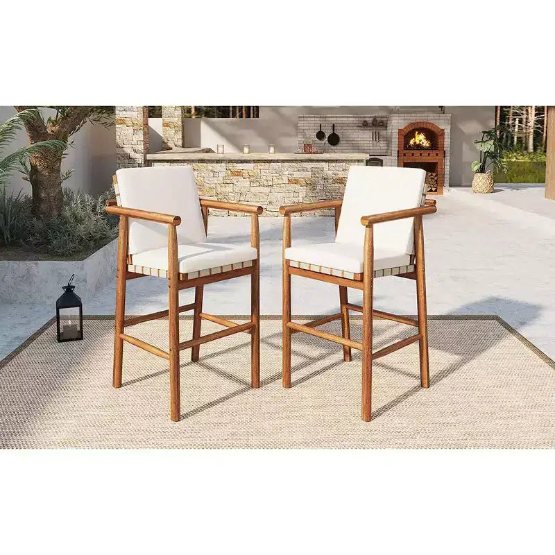 sumyeg Lot de 2 tabourets de bar d'extérieur à hauteur de comptoir avec coussins, chaises de terrasse en bois d'acacia avec dossier, accoudoirs et assise tressée, beige