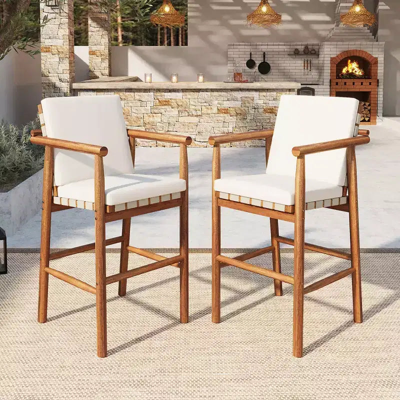sumyeg Lot de 2 tabourets de bar d'extérieur à hauteur de comptoir avec coussins, chaises de terrasse en bois d'acacia avec dossier, accoudoirs et assise tressée, beige