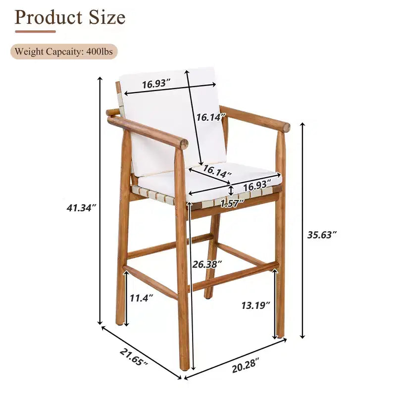 sumyeg Lot de 2 tabourets de bar d'extérieur à hauteur de comptoir avec coussins, chaises de terrasse en bois d'acacia avec dossier, accoudoirs et assise tressée, beige