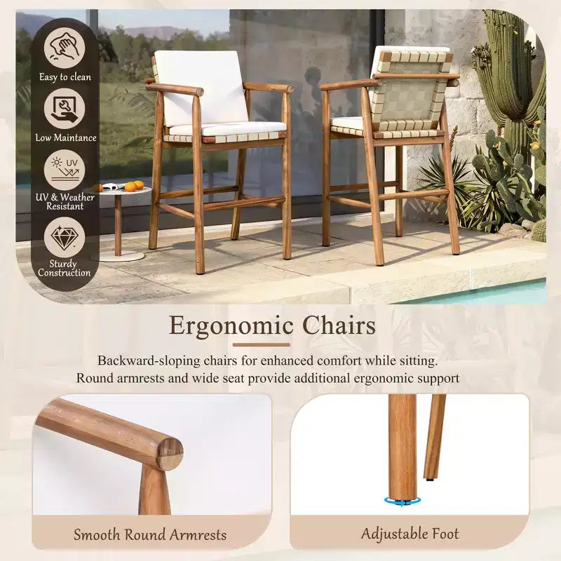 sumyeg Lot de 2 tabourets de bar d'extérieur à hauteur de comptoir avec coussins, chaises de terrasse en bois d'acacia avec dossier, accoudoirs et assise tressée, beige
