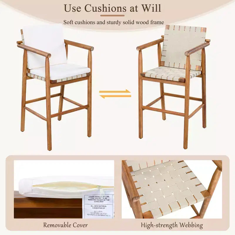 sumyeg Lot de 2 tabourets de bar d'extérieur à hauteur de comptoir avec coussins, chaises de terrasse en bois d'acacia avec dossier, accoudoirs et assise tressée, beige