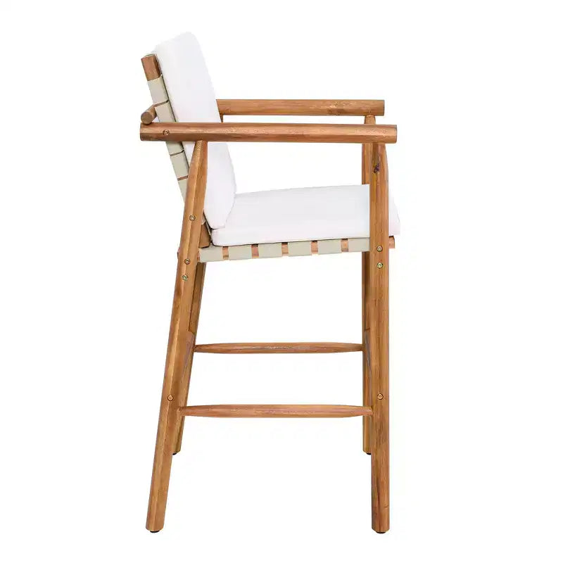 sumyeg Lot de 2 tabourets de bar d'extérieur à hauteur de comptoir avec coussins, chaises de terrasse en bois d'acacia avec dossier, accoudoirs et assise tressée, beige
