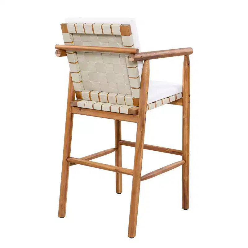 sumyeg Lot de 2 tabourets de bar d'extérieur à hauteur de comptoir avec coussins, chaises de terrasse en bois d'acacia avec dossier, accoudoirs et assise tressée, beige