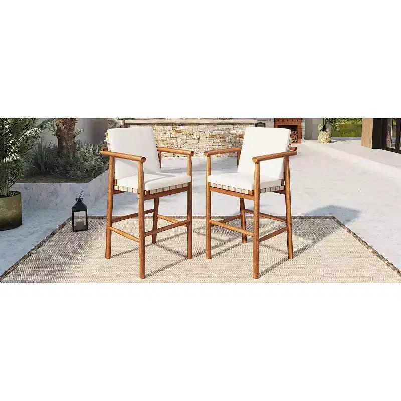 sumyeg Lot de 2 tabourets de bar d'extérieur à hauteur de comptoir avec coussins, chaises de terrasse en bois d'acacia avec dossier, accoudoirs et assise tressée, beige